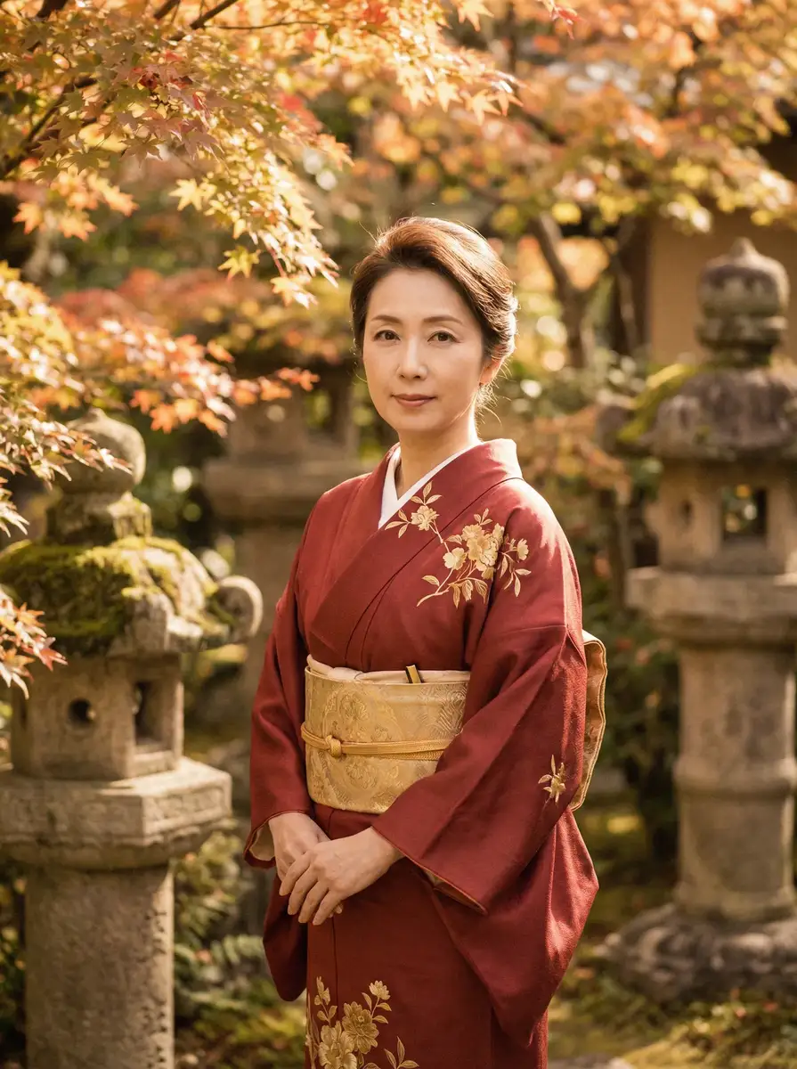 一位身穿暗红色和服的优雅 姫岛瑠梨香 在日式庭院中