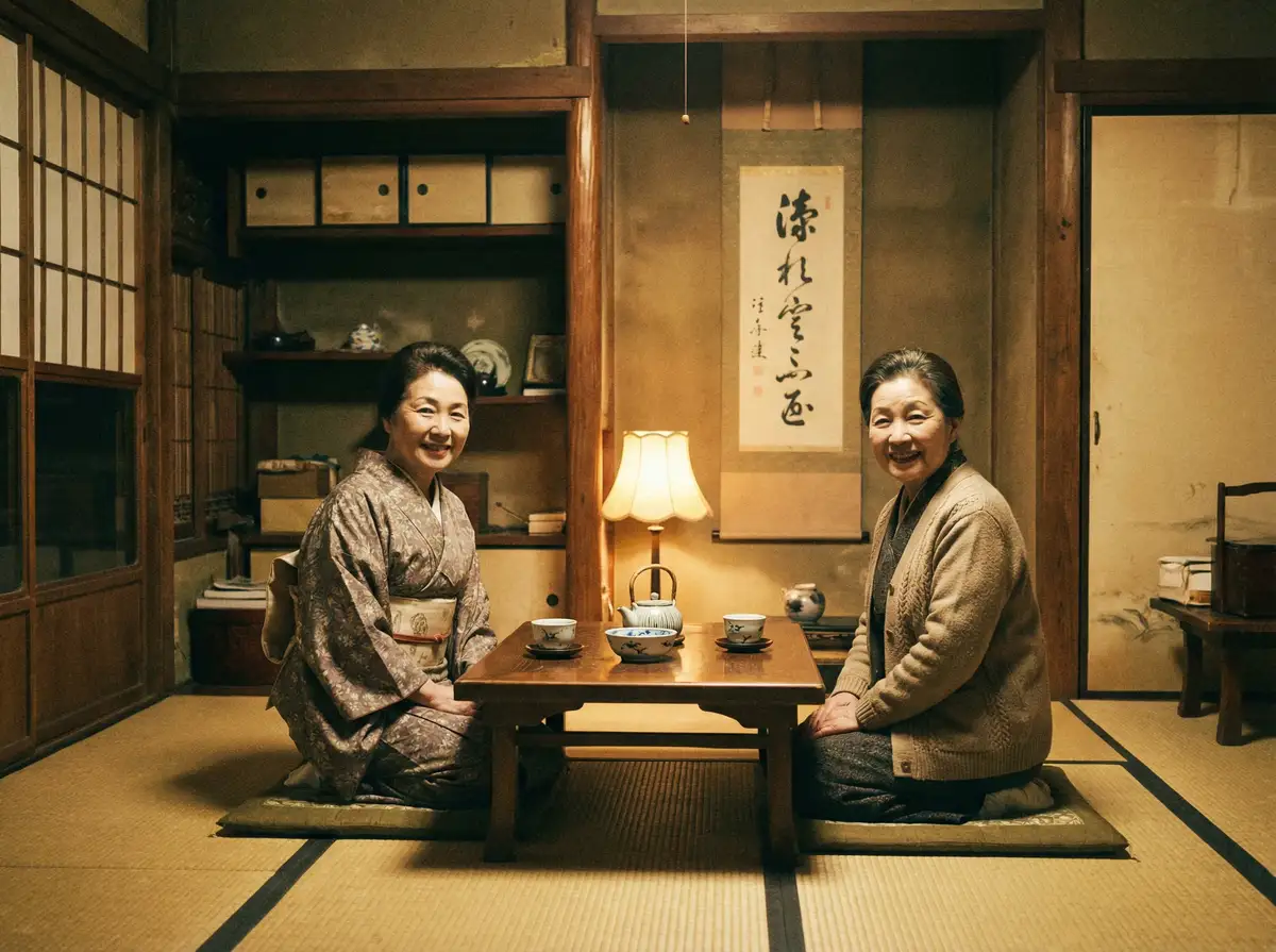 两位优雅的 姫岛瑠梨香 在日式茶室中品茶交谈